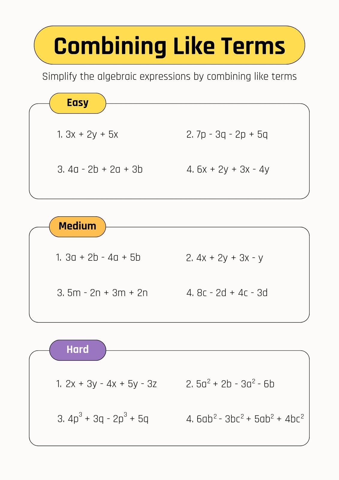 combining like terms worksheet pdf