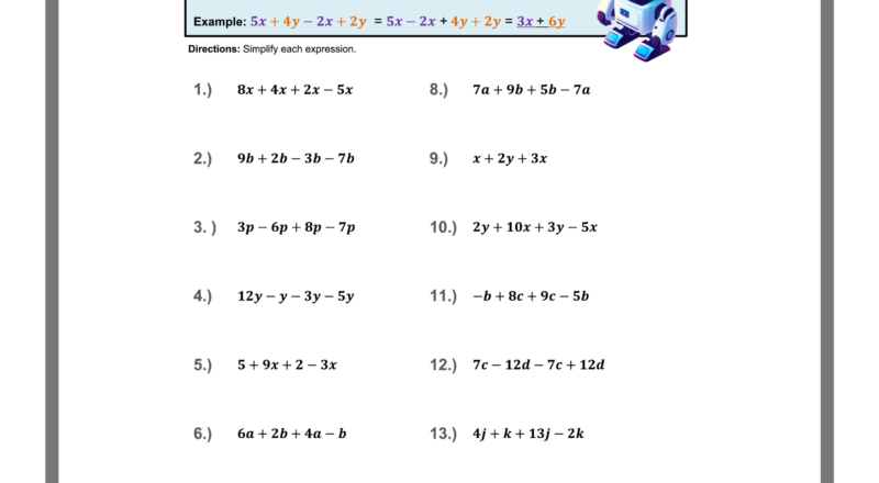 Combining Like Terms Worksheets Printable With Answers Mashup Math