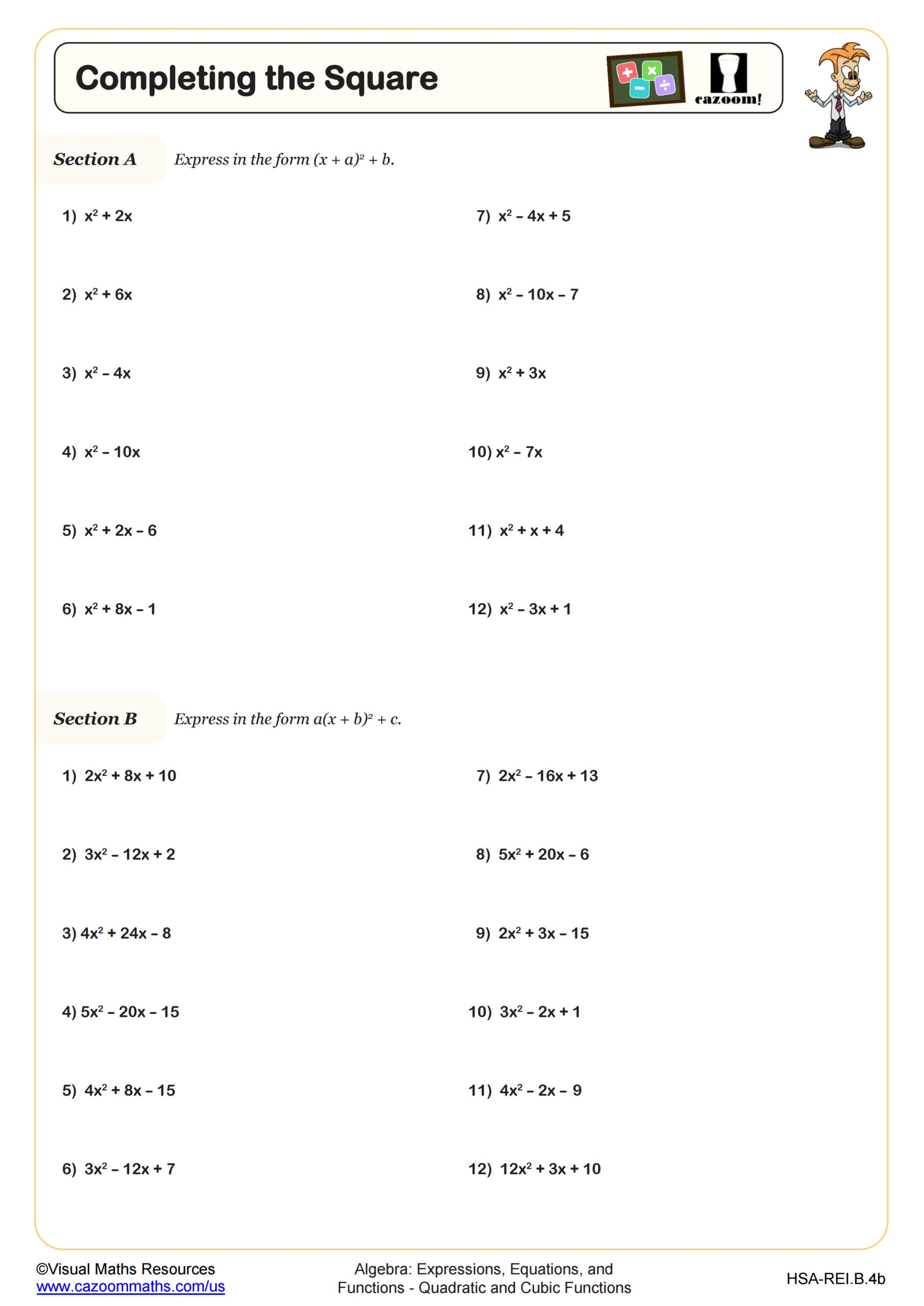 Completing The Square Worksheet Fun And Engaging Algebra I PDF Worksheets Cazoom Math Completing The Square Worksheet Fun And Engaging Algebra I PDF Worksheets Cazoom Math