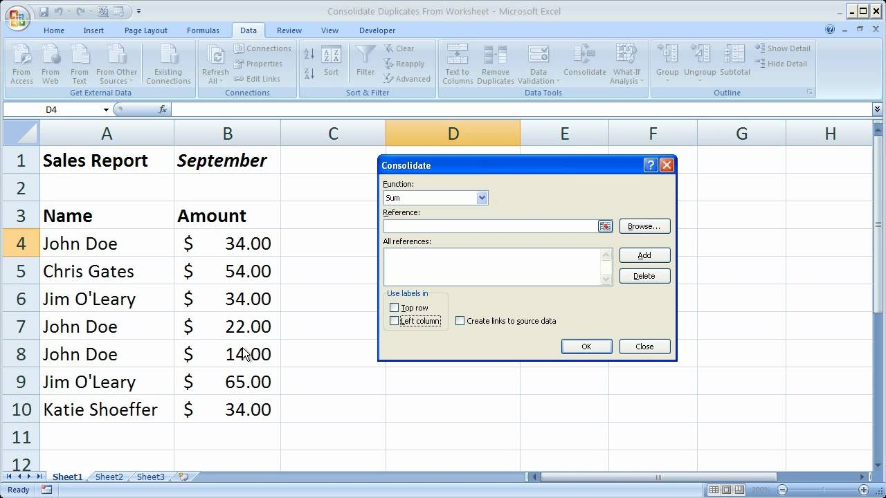 Consolidate Data In Excel That Has Multiple Duplicate Values On The Same Excel Worksheet YouTube