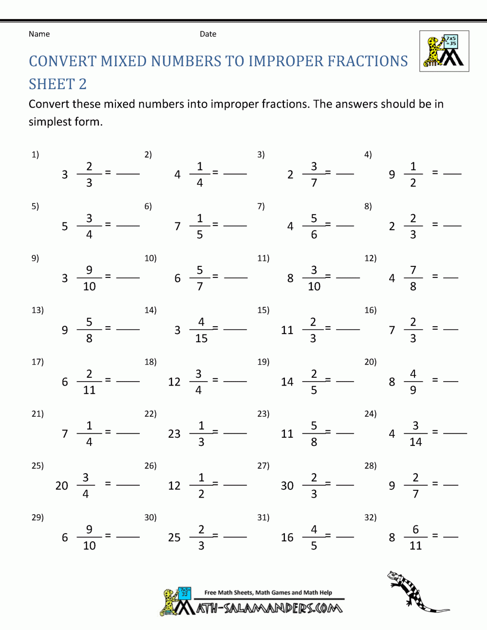 mixed number to improper fraction worksheet