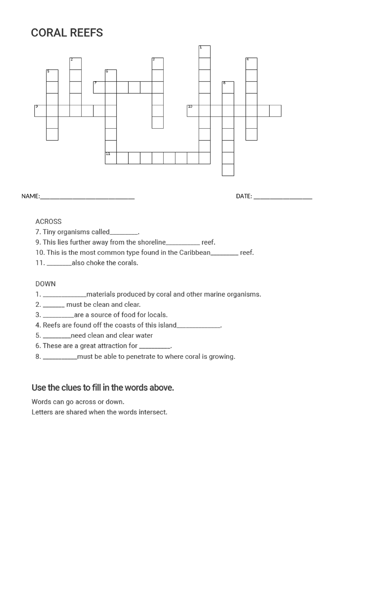CORAL REEFS PUZZLE CROSSWORD CLUES ANSWERS Studocu