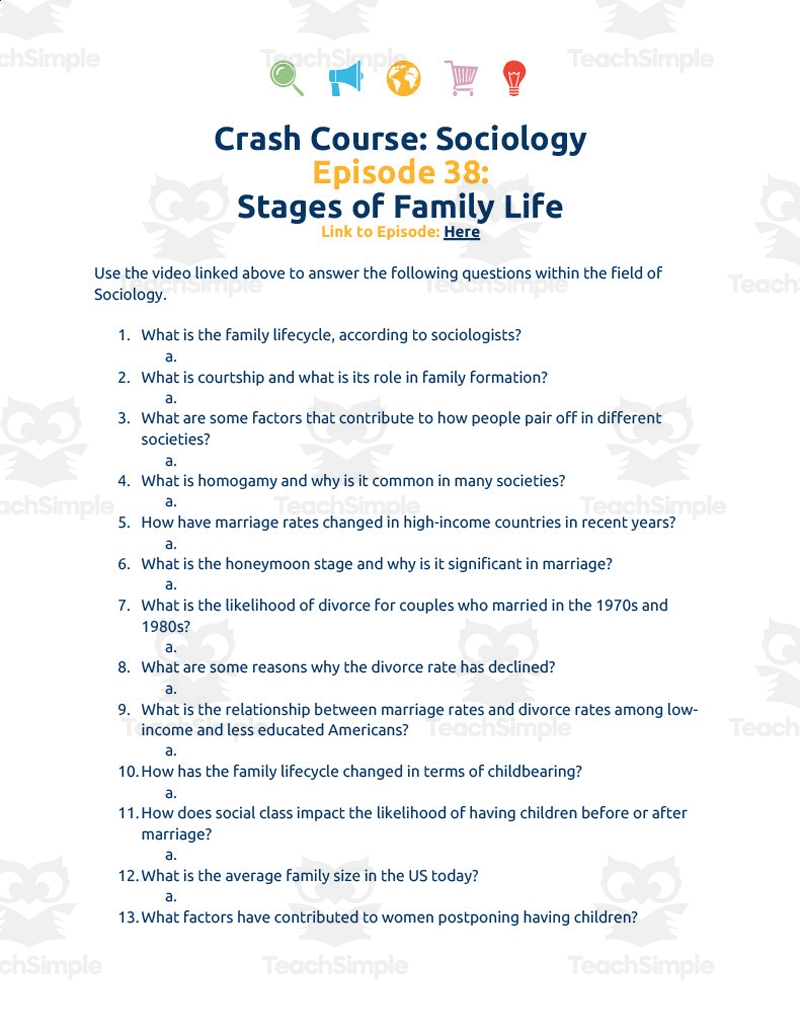 Crash Course Sociology Episode Worksheet 38 Stages Of Family Life By Teach Simple