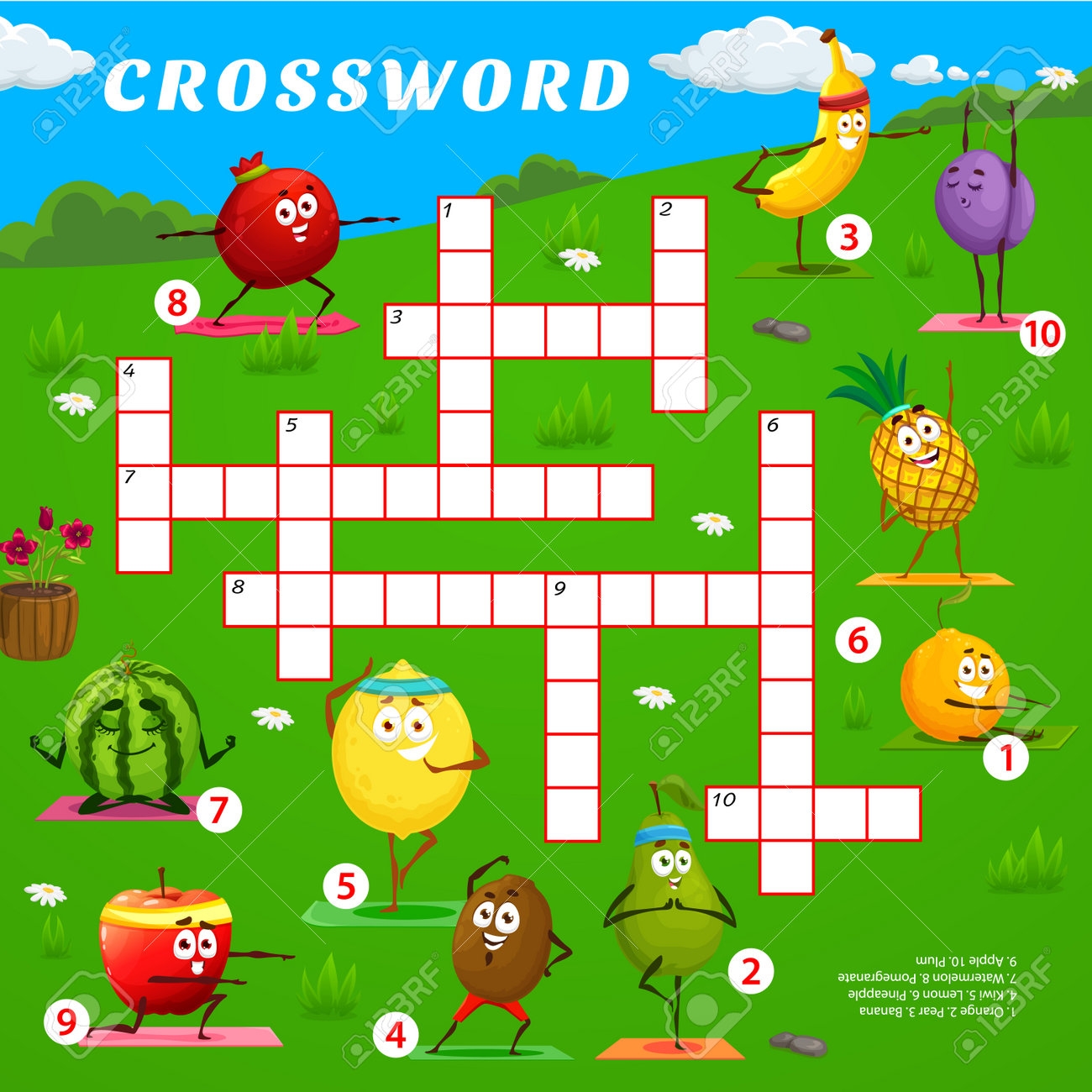 Crossword Quiz Game Cartoon Fruit Characters On Yoga Fitness Crossword Word Search Vector Puzzle Or Quiz With Orange Pear Banana And Kiwi Lemon Pineapple Cute Personages Doing Fitness Exercises Royalty Free SVG Crossword Quiz Game Cartoon Fruit Characters On Yoga Fitness Crossword Word Search Vector Puzzle Or Quiz With Orange Pear Banana And Kiwi Lemon Pineapple Cute Personages Doing Fitness Exercises Royalty Free SVG