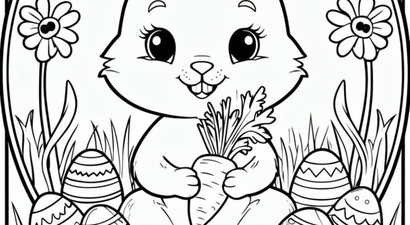 Cute Bunny With Carrot And Easter Eggs Coloring Page Playground