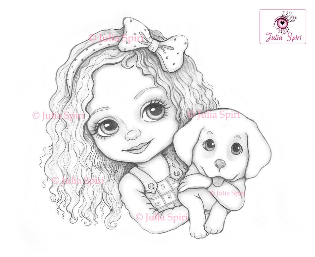 Cute Girl Coloring Page Digital Stamp Digi Dog Doggy Doggie Pet Fantasy Crafting Scrapbooking Card Whimsy Leslie And Puppy Etsy