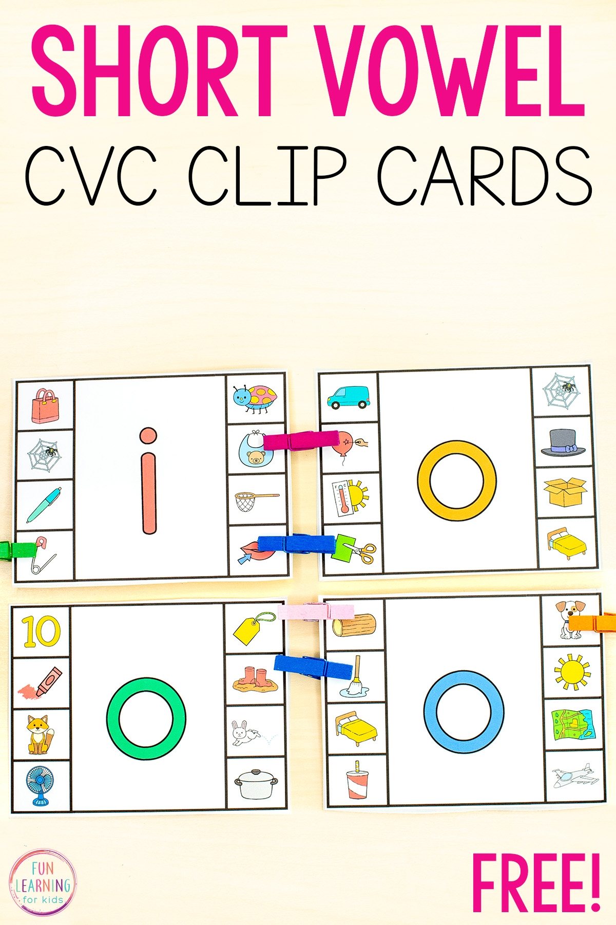CVC Short Vowel Sounds Clip Cards