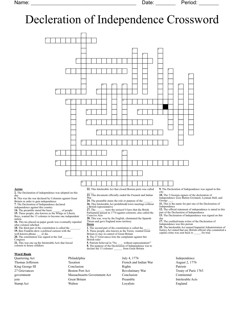 Decleration Of Independence Crossword WordMint Decleration Of Independence Crossword WordMint