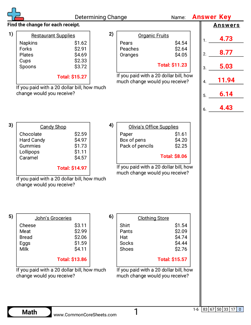 Determining Change Worksheets