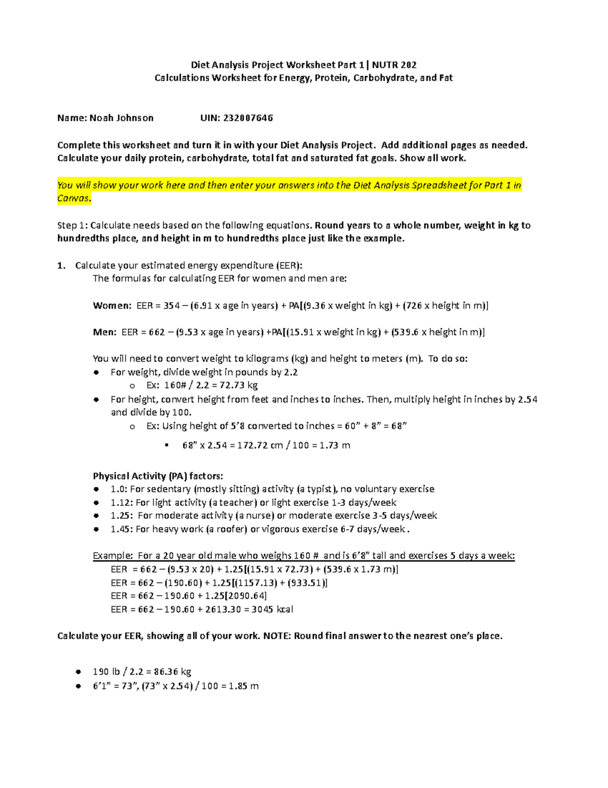 Diet Analysis Project Worksheet NUTR 202 Energy Macronutrient Calculations Studocu