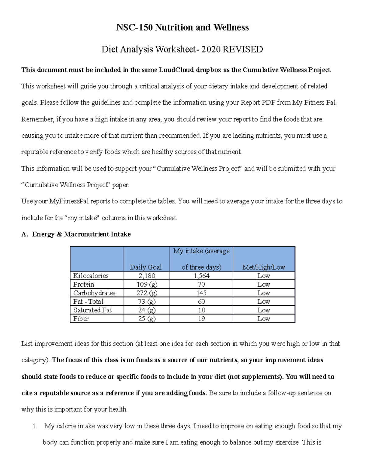 Diet Analysis Worksheet NSC 150 Wellness Nutrient Goals 2021 Studocu