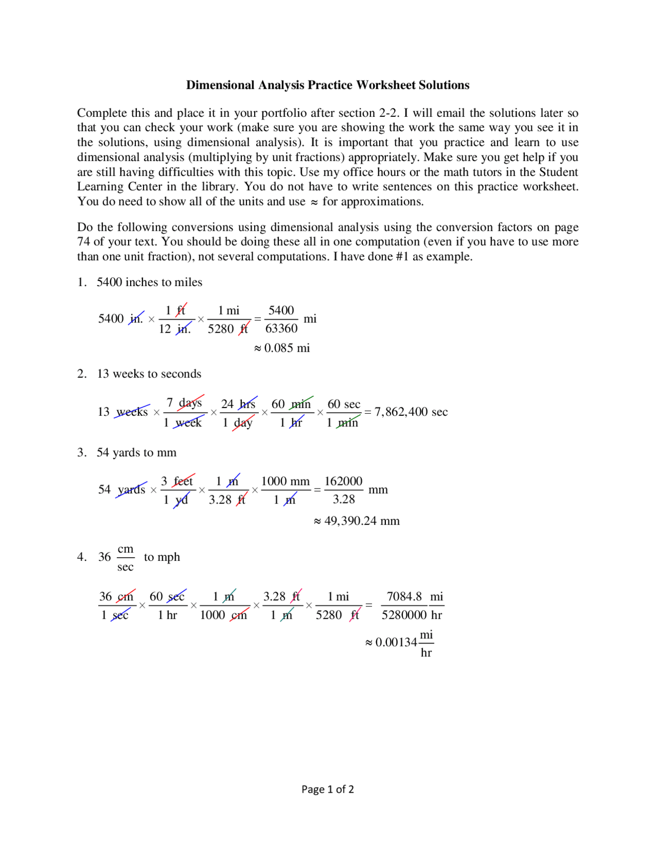 Dimensional Analysis Practice Worksheet Answers Exercises Mathematics Docsity