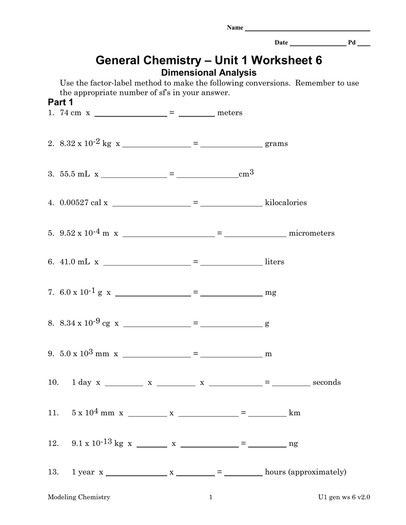 Dimensional Analysis Worksheet Chemistry Conversions