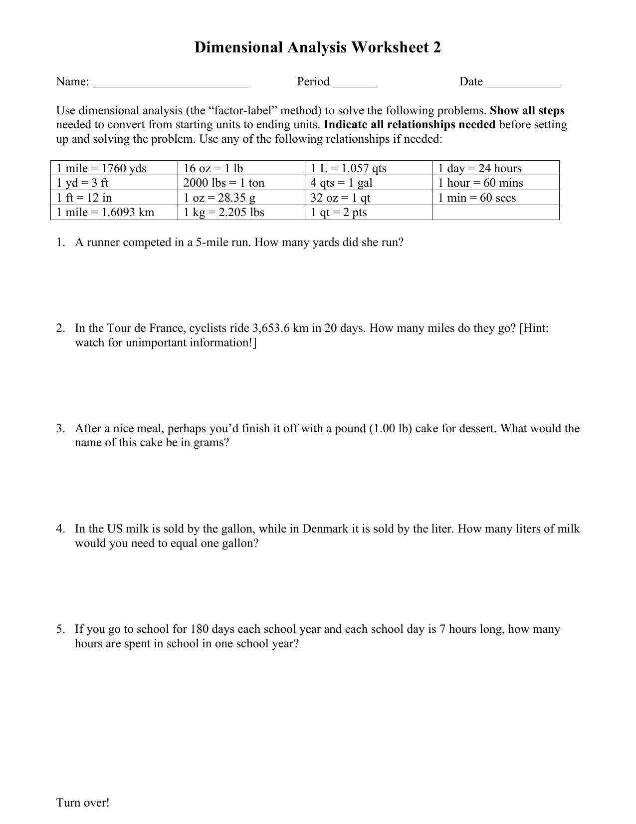 Dimensional Analysis Worksheet Unit Conversions