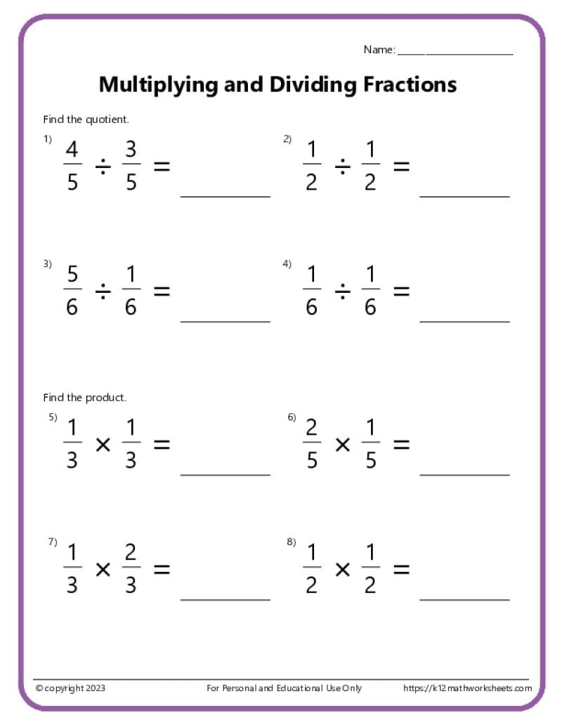 Dividing Fractions Worksheets