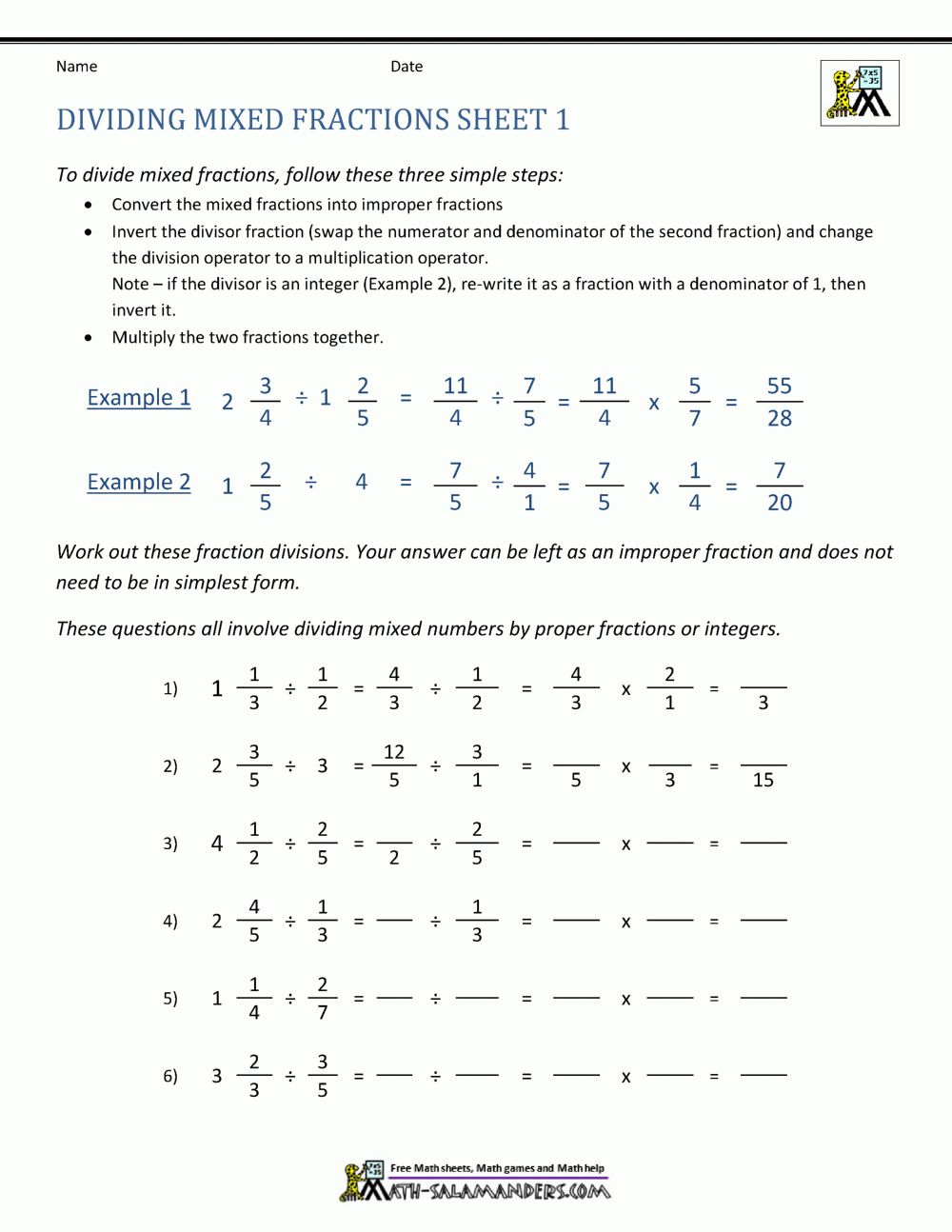 fraction division worksheet