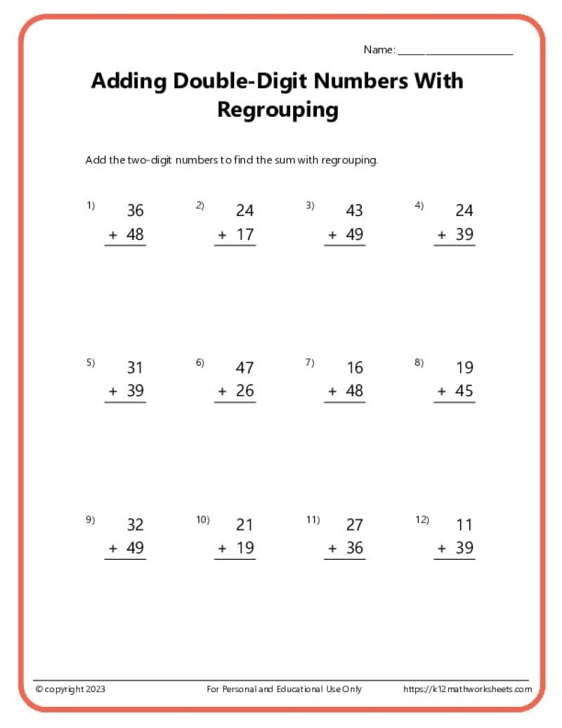 2 digit addition worksheets