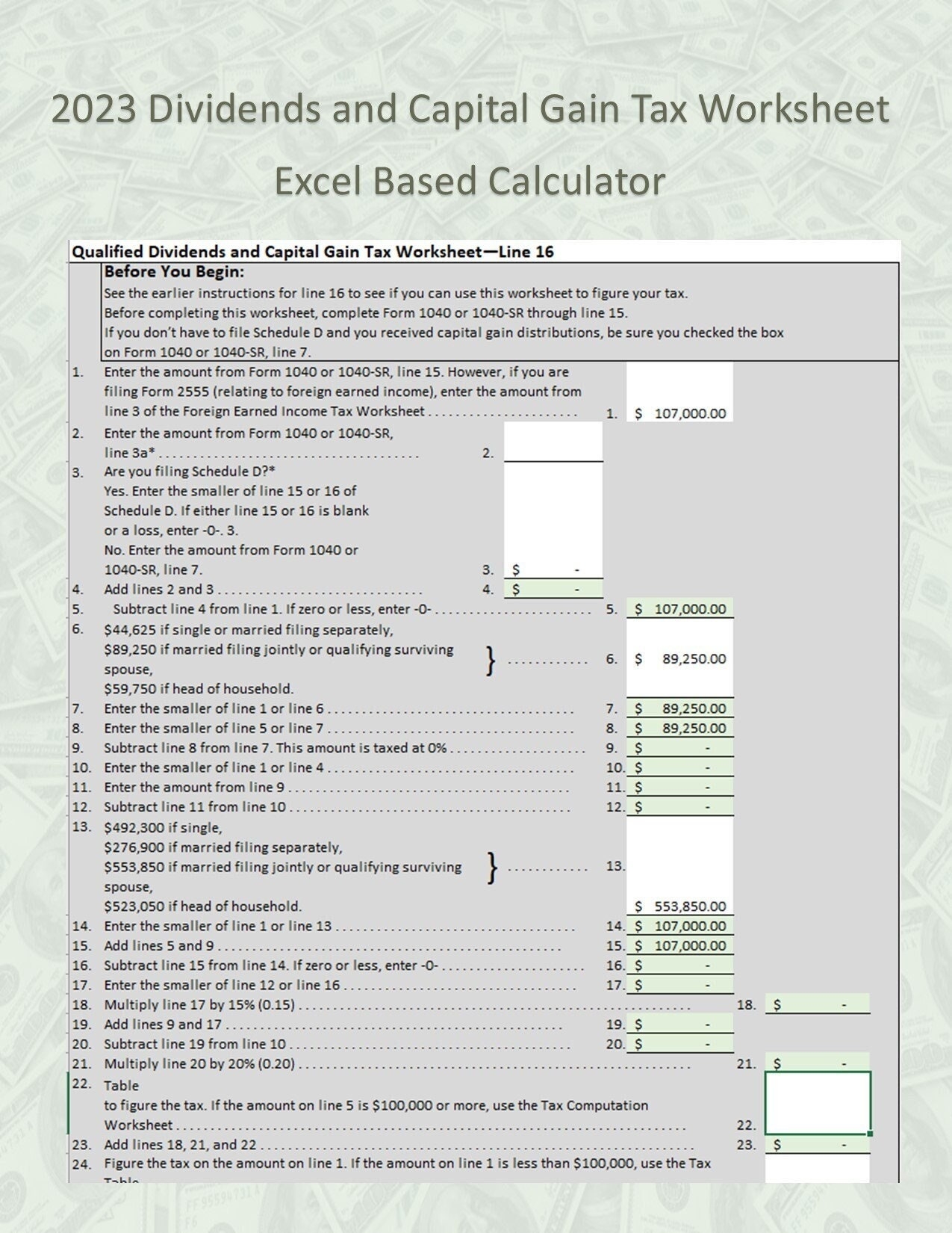 Easy Custom Calculator For 2023 Qualified Dividends And Capital Gain Tax Worksheet excel 2016 Also Includes Tax Computation Worksheet Etsy