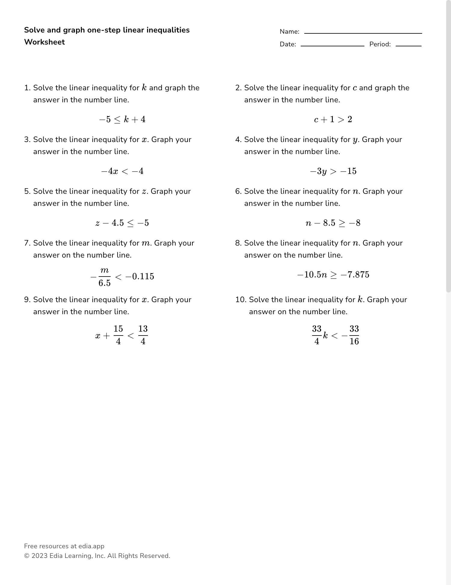 one step inequalities worksheet one step inequalities worksheet