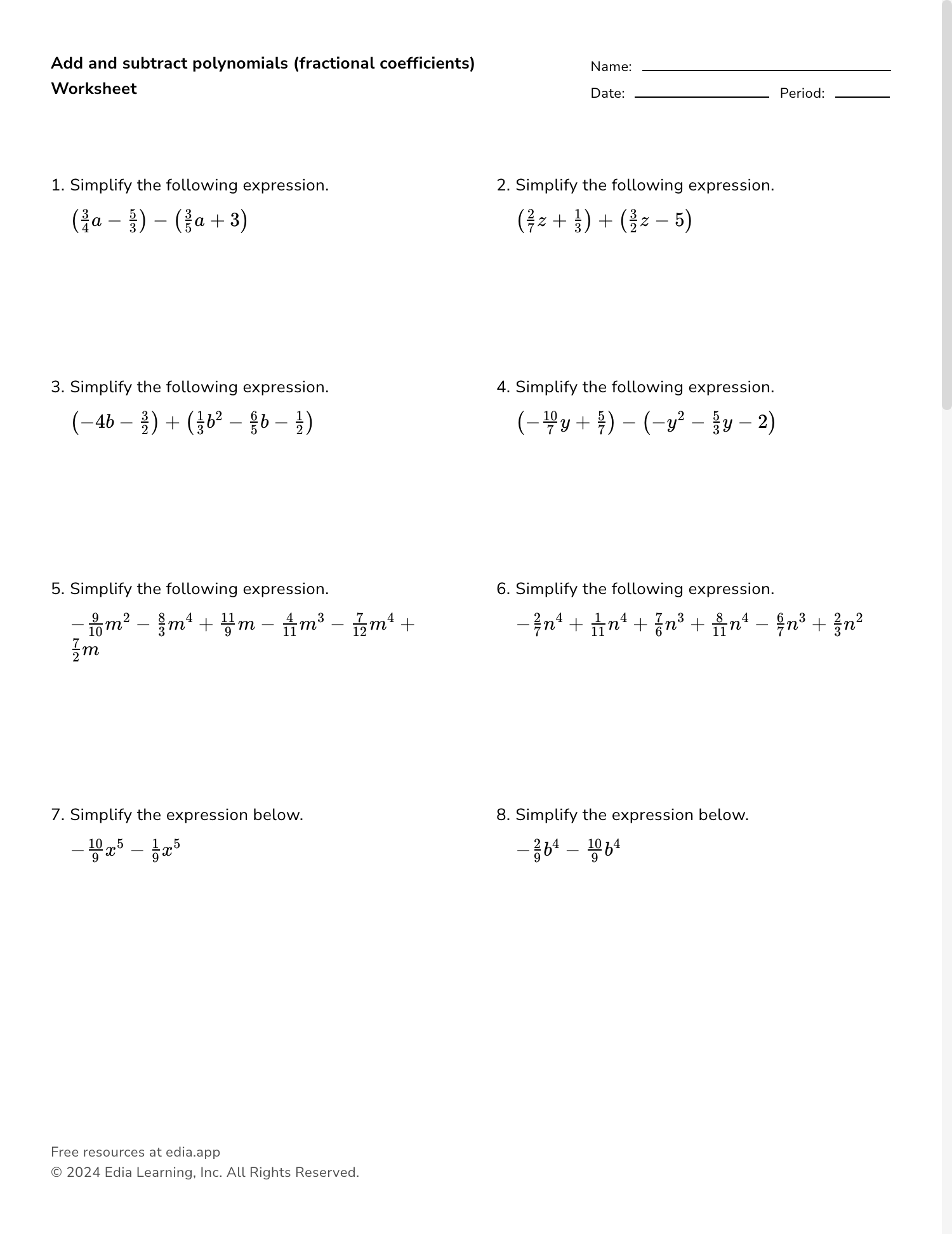 adding polynomials worksheet