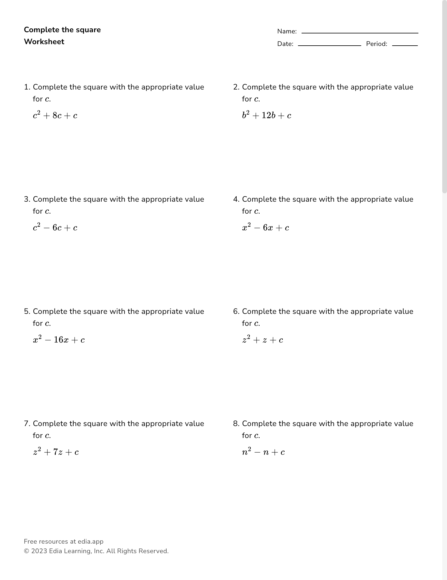 complete the square worksheet complete the square worksheet