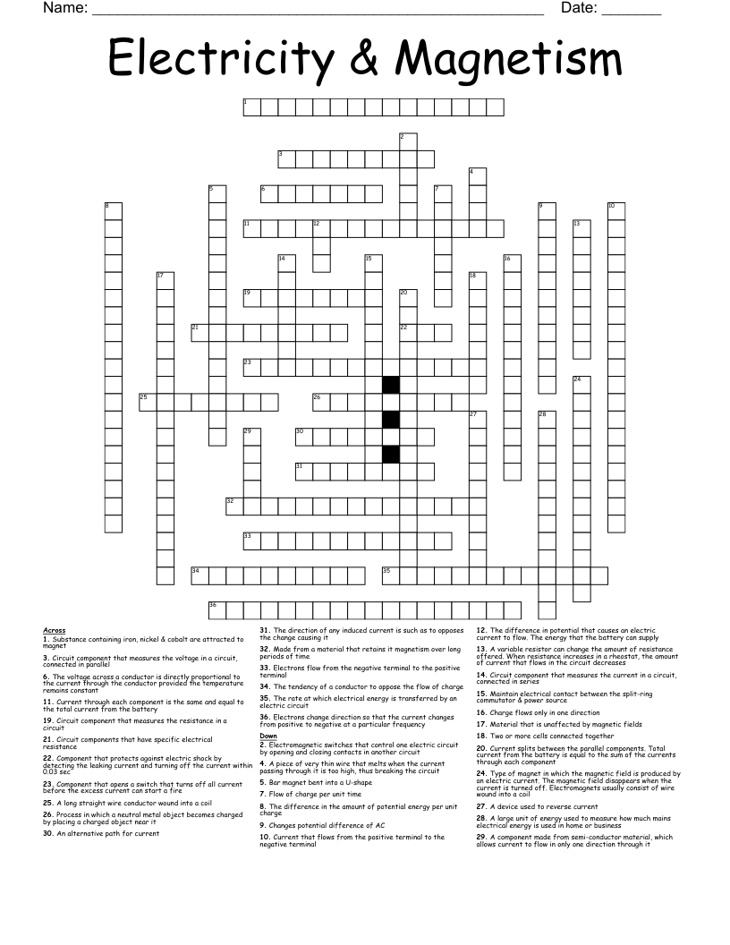 Electricity Magnetism Crossword WordMint