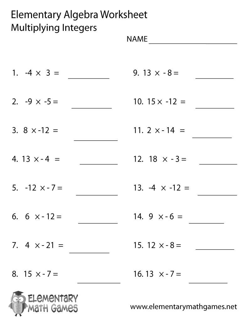 Elementary Algebra Multiply Integers Worksheet Elementary Algebra Multiply Integers Worksheet