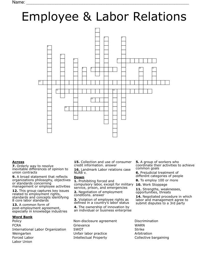 Employee Labor Relations Crossword WordMint Employee Labor Relations Crossword WordMint