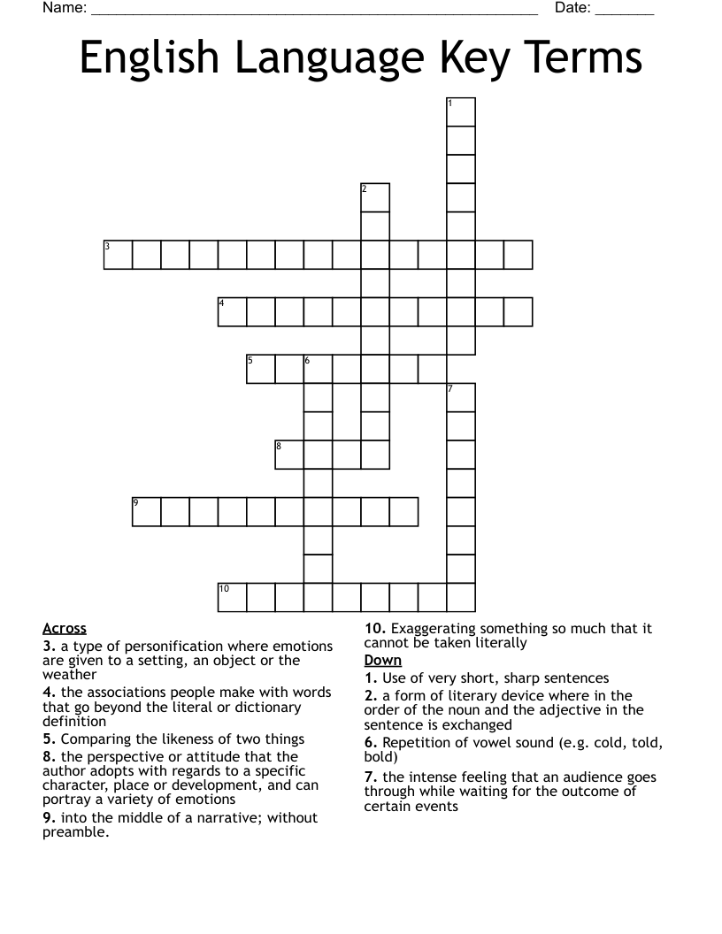 English Language Key Terms Crossword WordMint