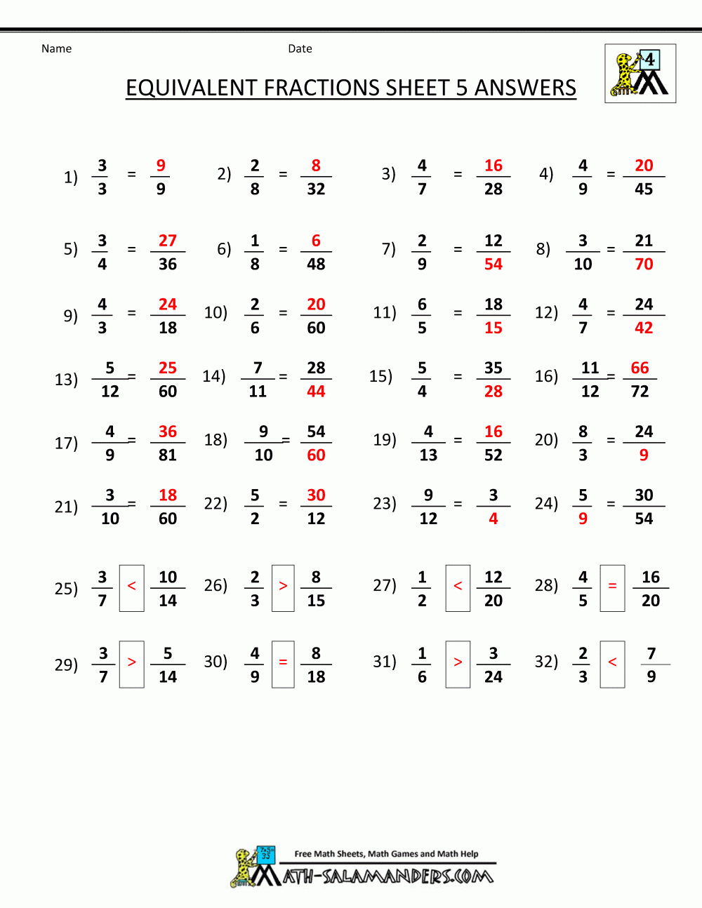 equivalent fraction worksheets