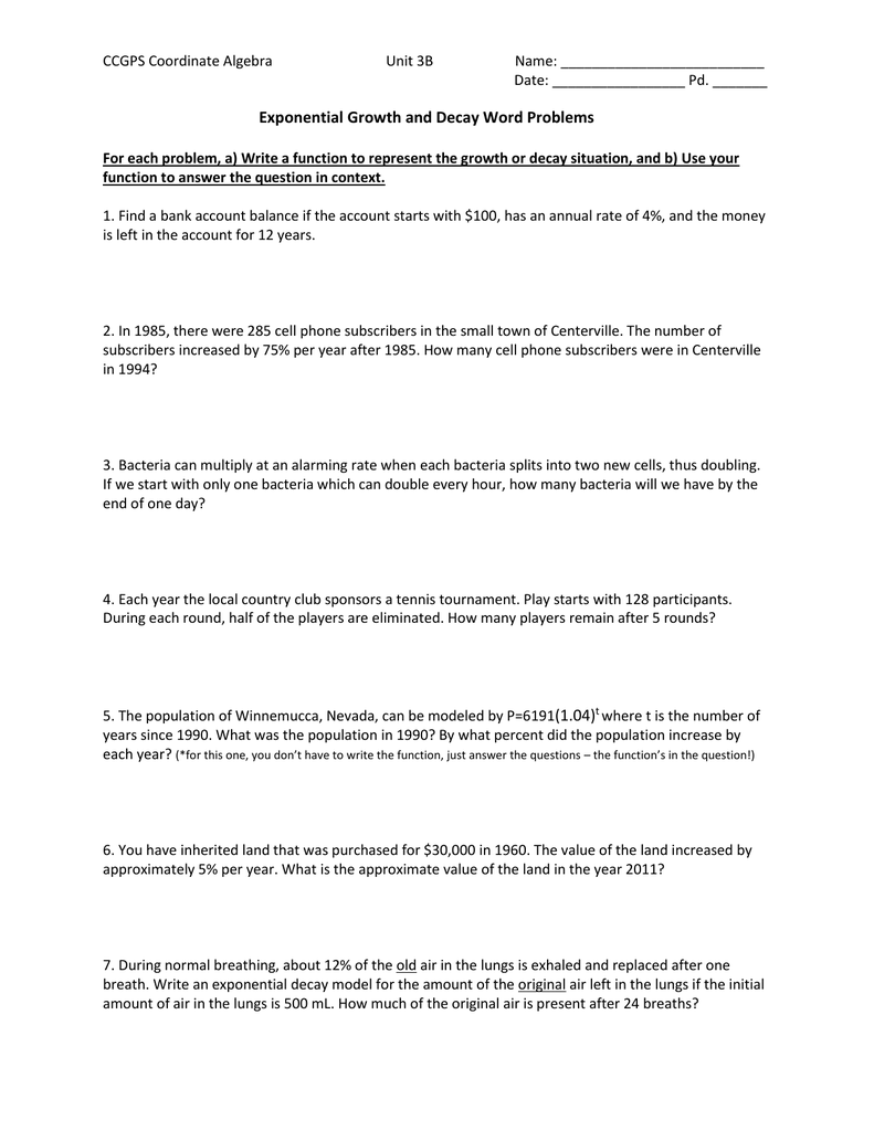 Exponential Growth Decay Word Problems Worksheet Exponential Growth Decay Word Problems Worksheet