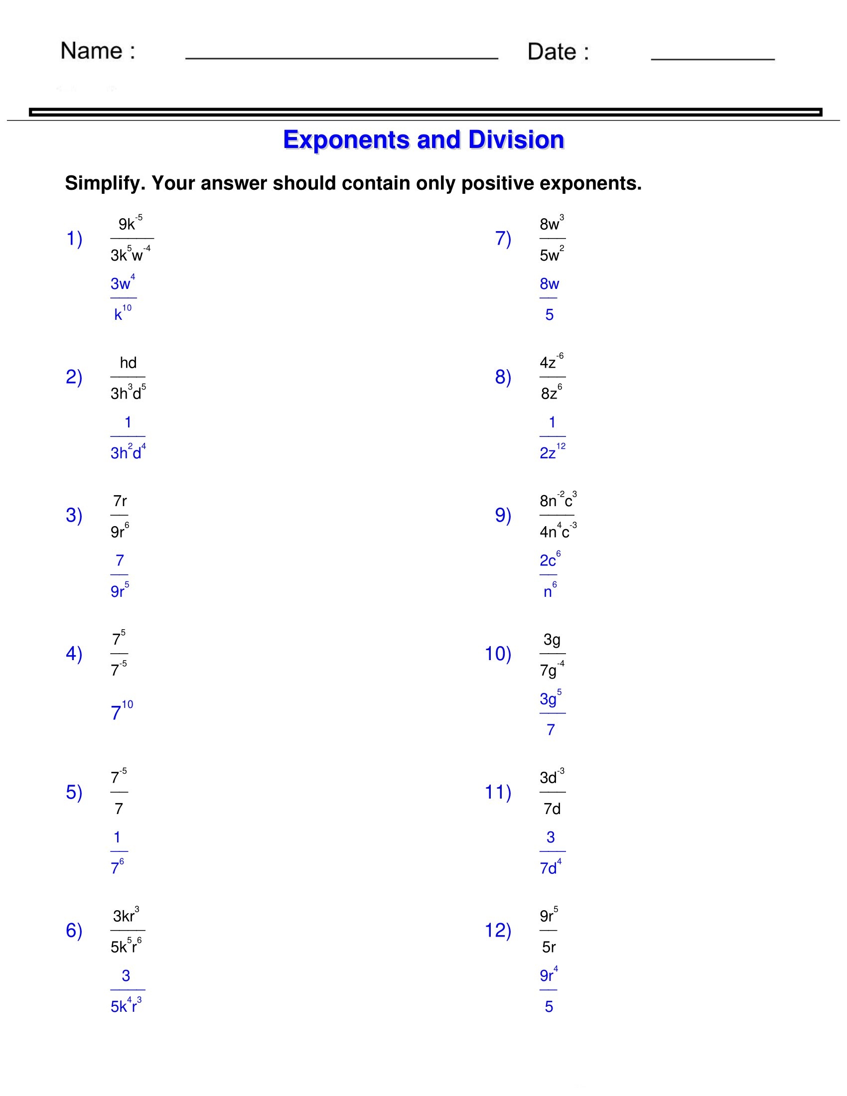 Exponents And Radicals Worksheets Exponents And Division Worksheets Made By Teachers
