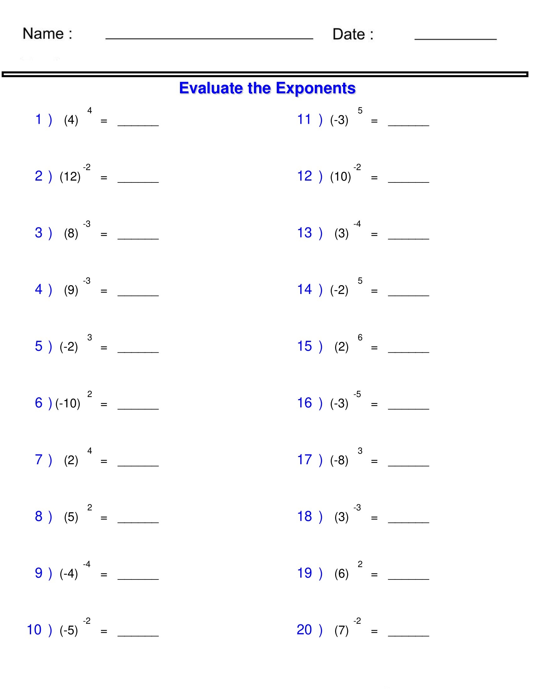 integer practice worksheet