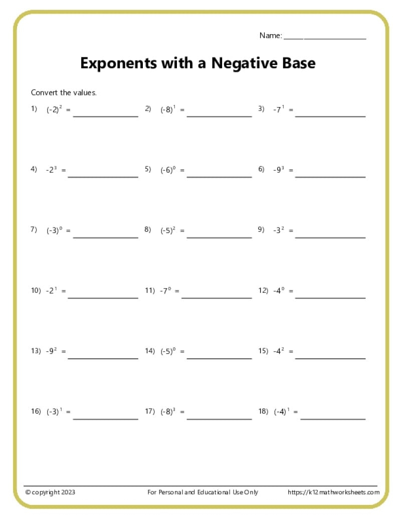 Exponents Worksheets