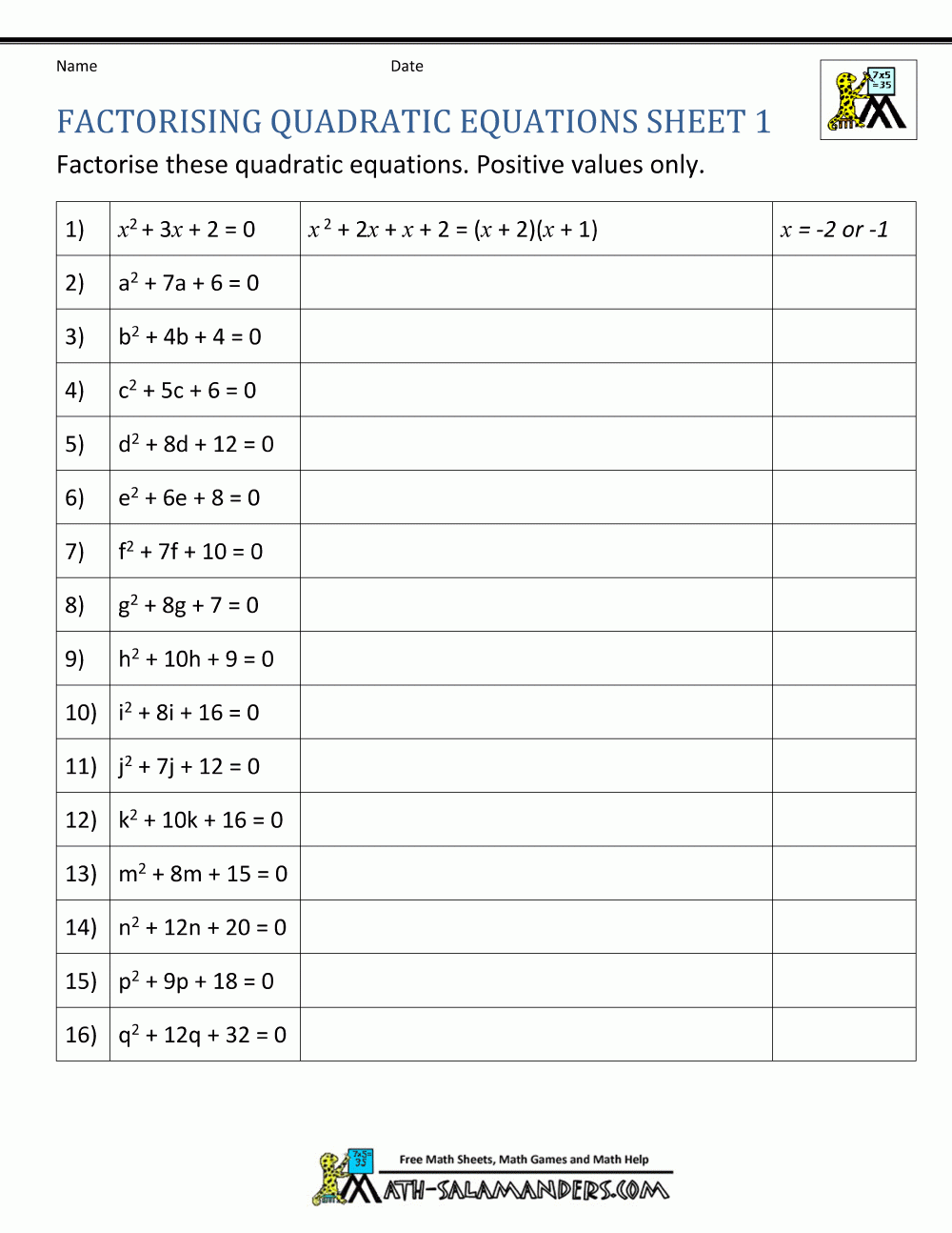 Factoring Quadratic Equations Factoring Quadratic Equations