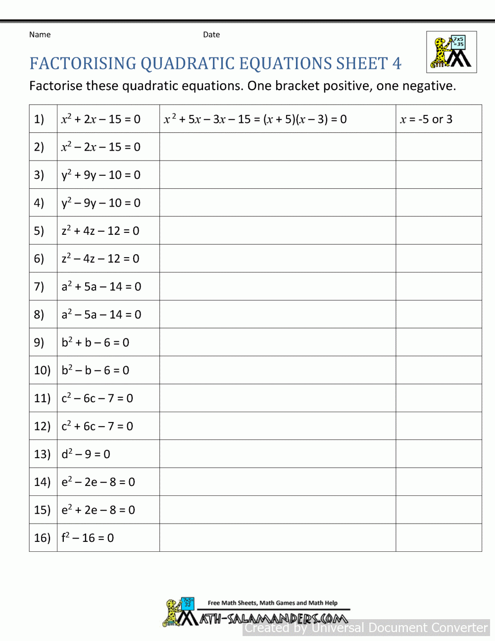 Factoring Quadratic Equations