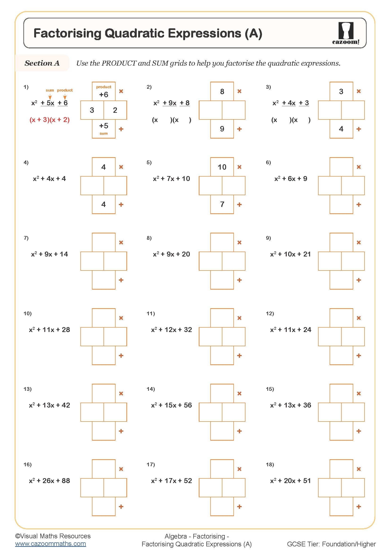 Factorising Quadratic Expressions A Worksheet Cazoom Maths Worksheets