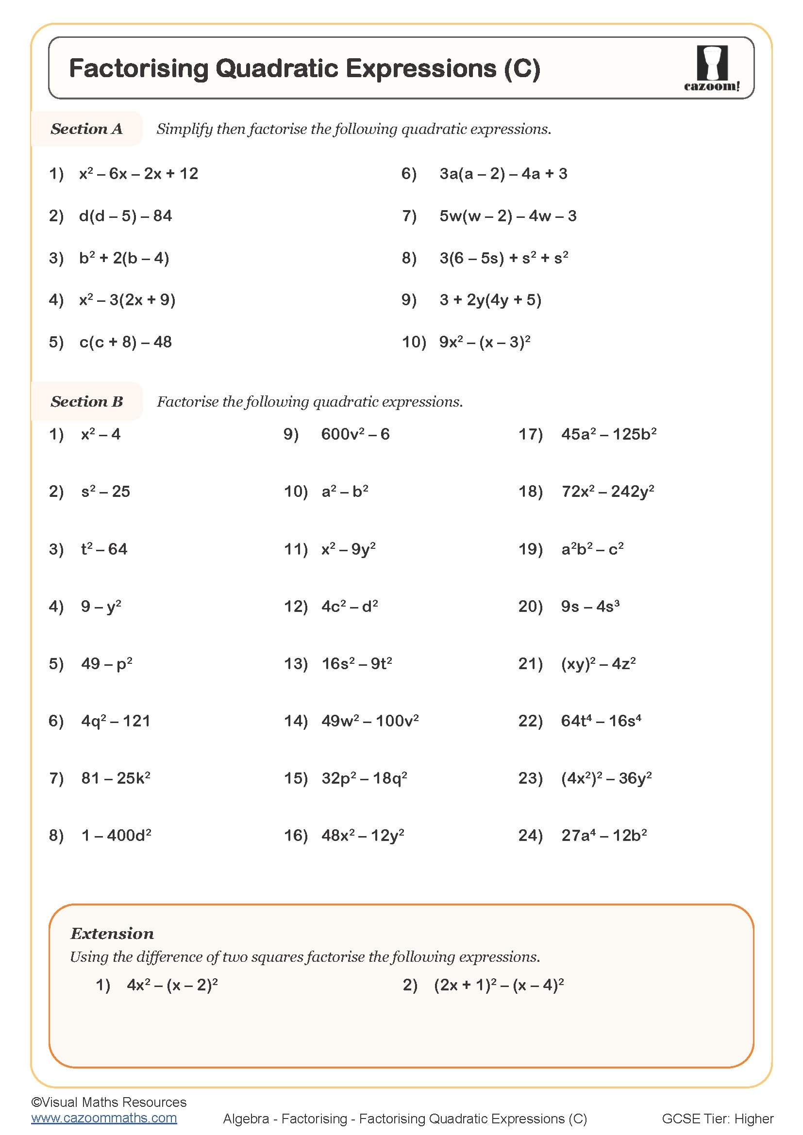 Factorising Quadratic Expressions C Worksheet Printable PDF Worksheets
