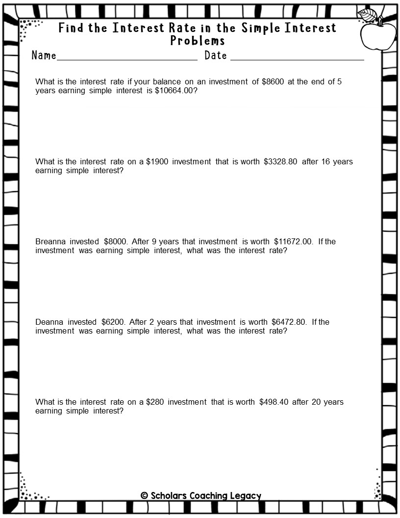 FIND THE INTEREST RATE IN THE SIMPLE INTEREST RATE PROBLEMS Math Worksheets Made By Teachers