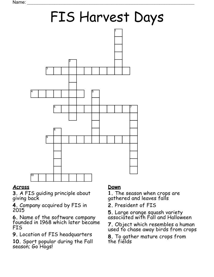 FIS Harvest Days Crossword WordMint