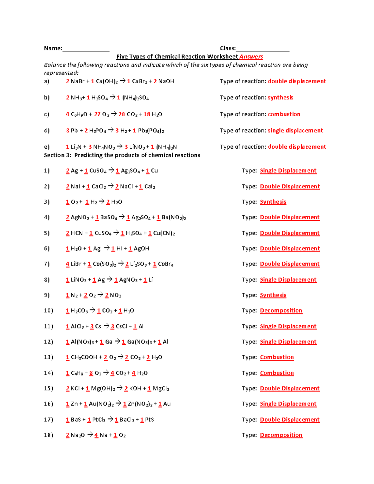 Five Types Of Chemical Reactions Worksheet Key Chem 101 Studocu Five Types Of Chemical Reactions Worksheet Key Chem 101 Studocu