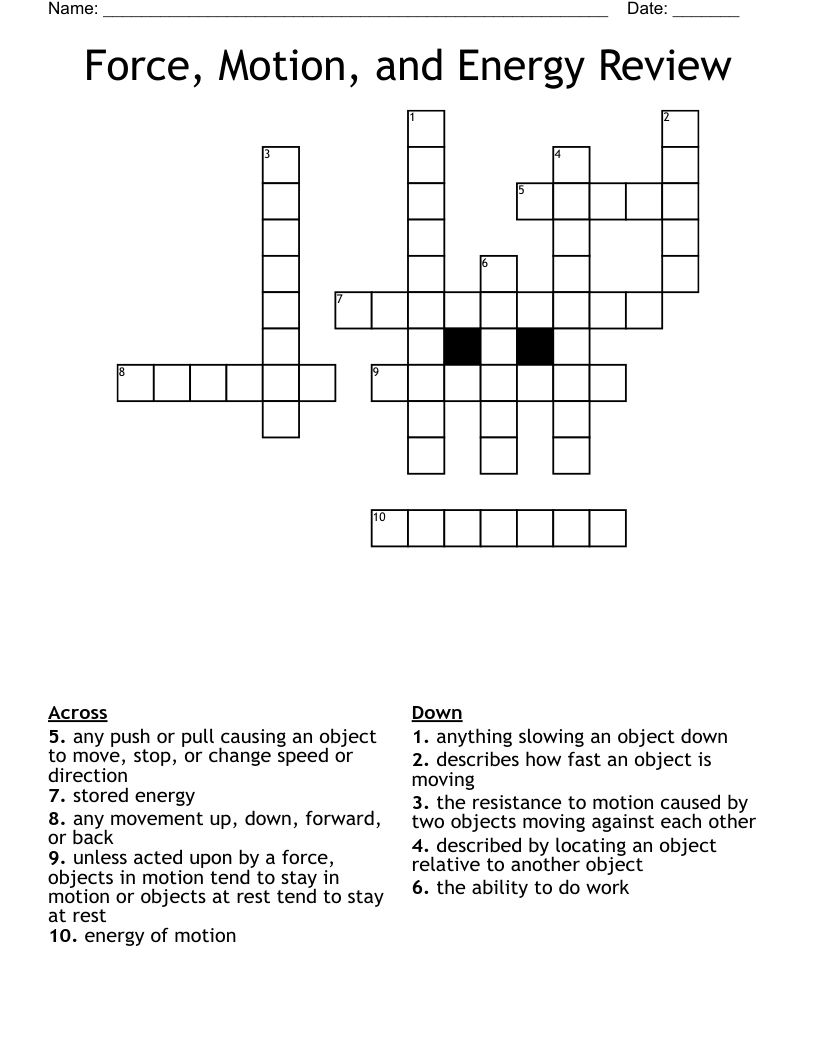 Force Motion And Energy Review Crossword WordMint