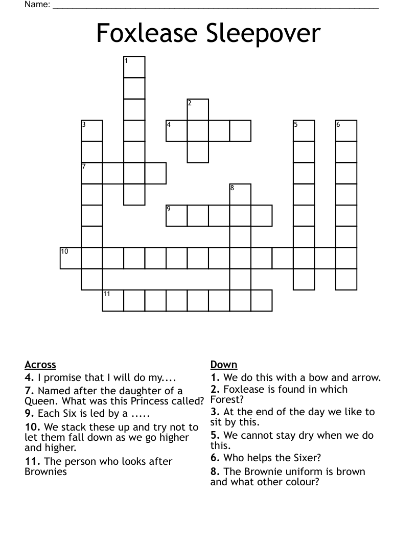 Foxlease Sleepover Crossword WordMint