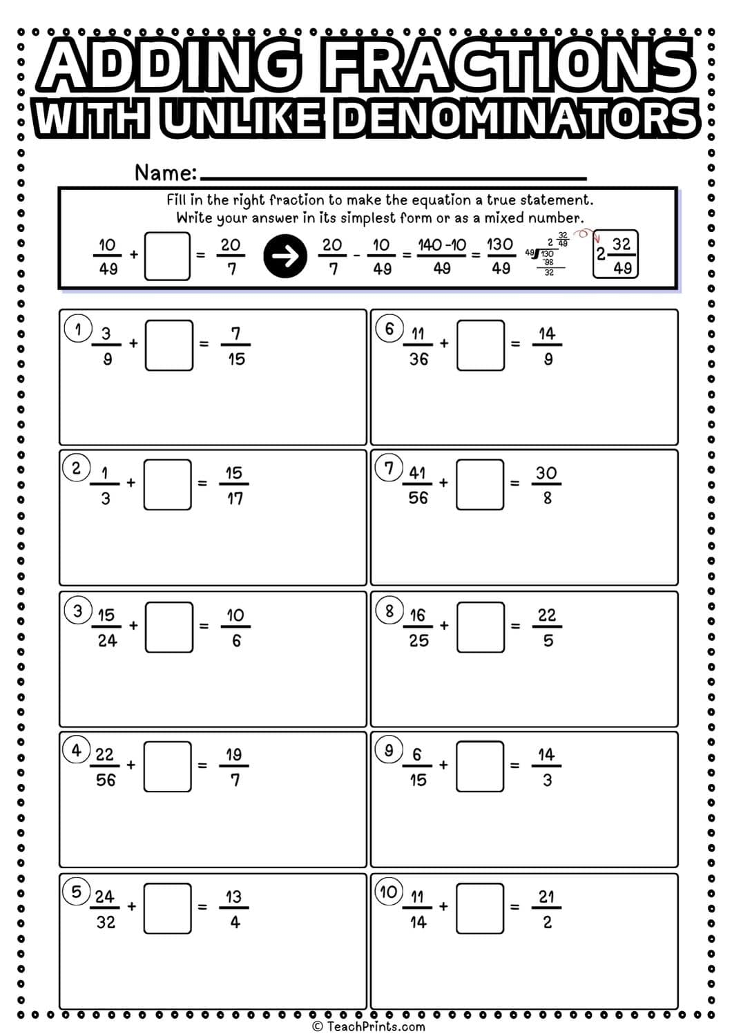 add fraction with unlike denominators worksheet