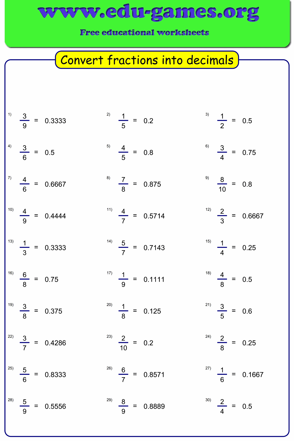 fractions and decimals worksheets