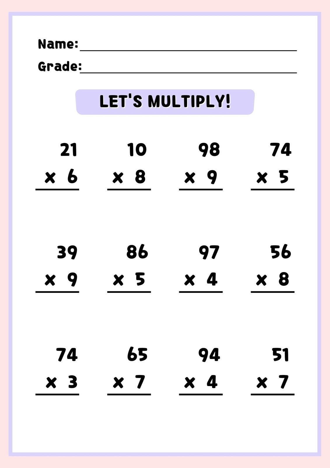 Free Multiplication Worksheet To Use And Print Canva