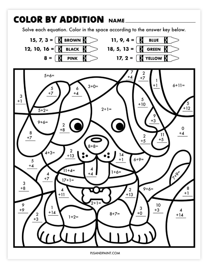 Free Printable Color By Addition Worksheet Pjs And Paint
