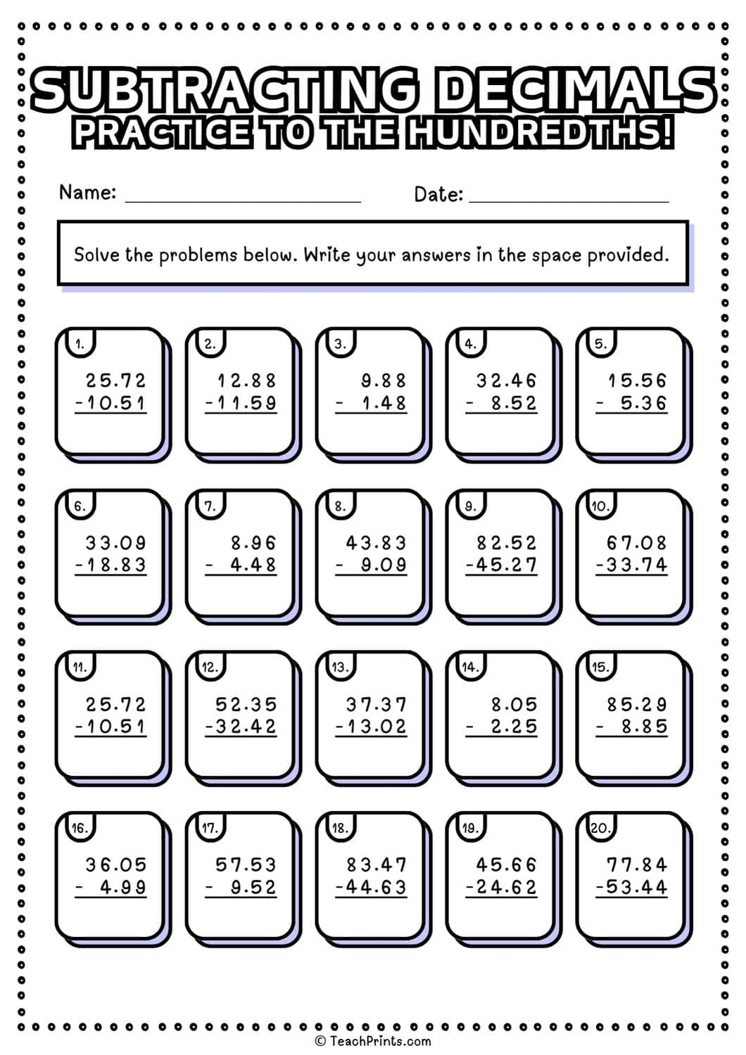subtracting decimals worksheet