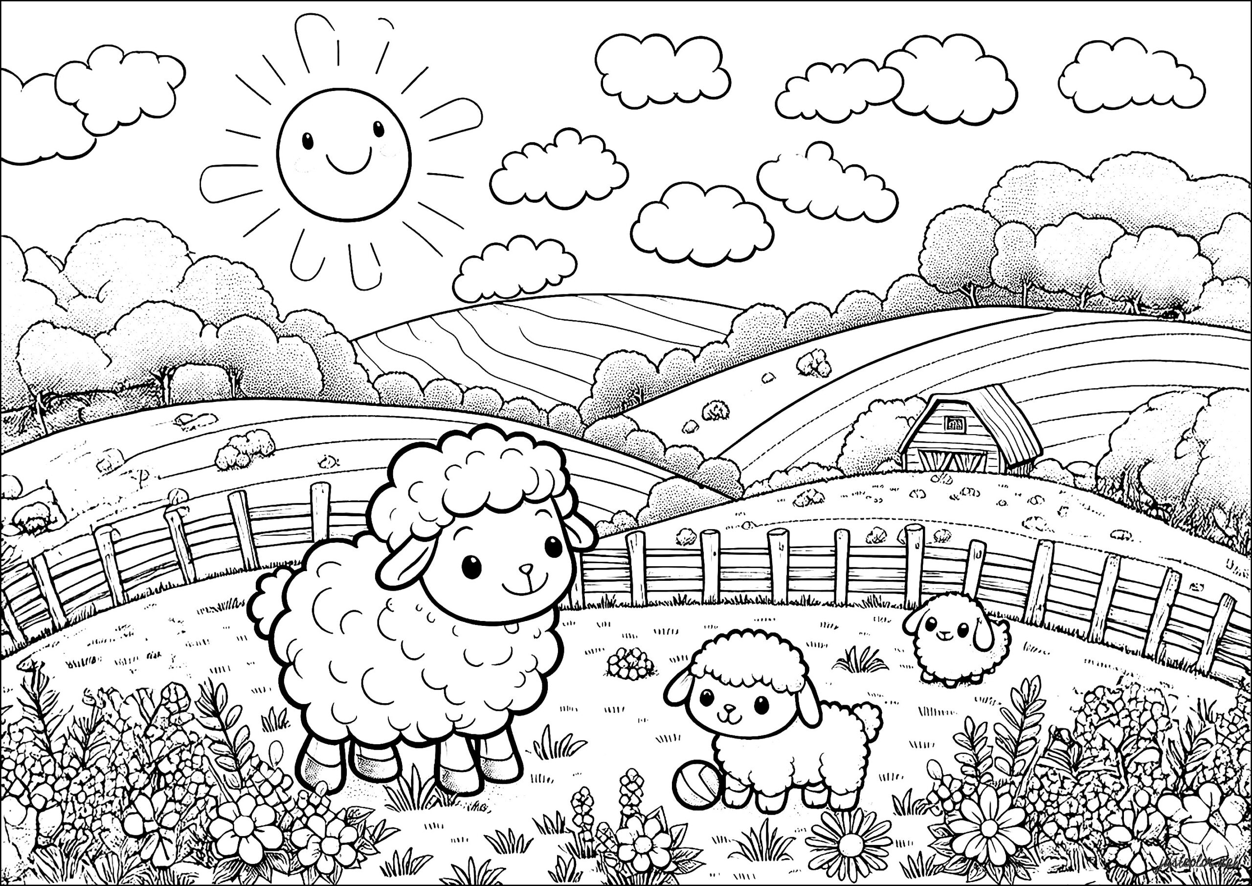Funny Sheep In A Sunny Field Sheep Coloring Pages