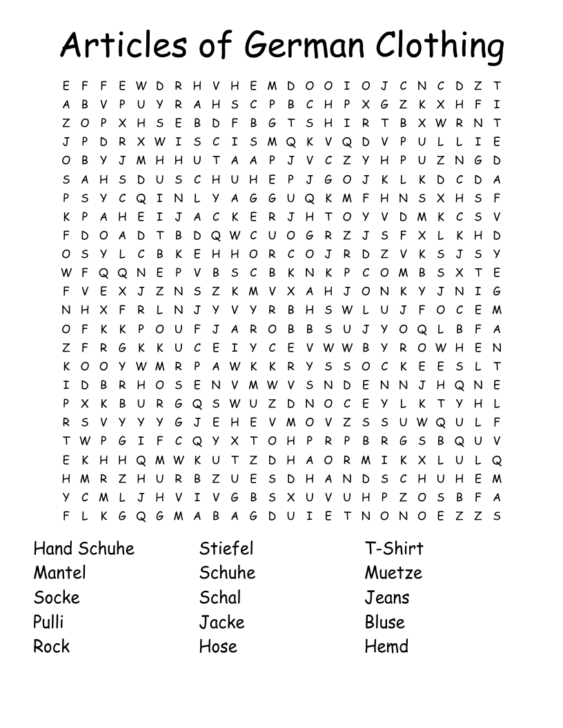 German Clothes Word Search WordMint German Clothes Word Search WordMint